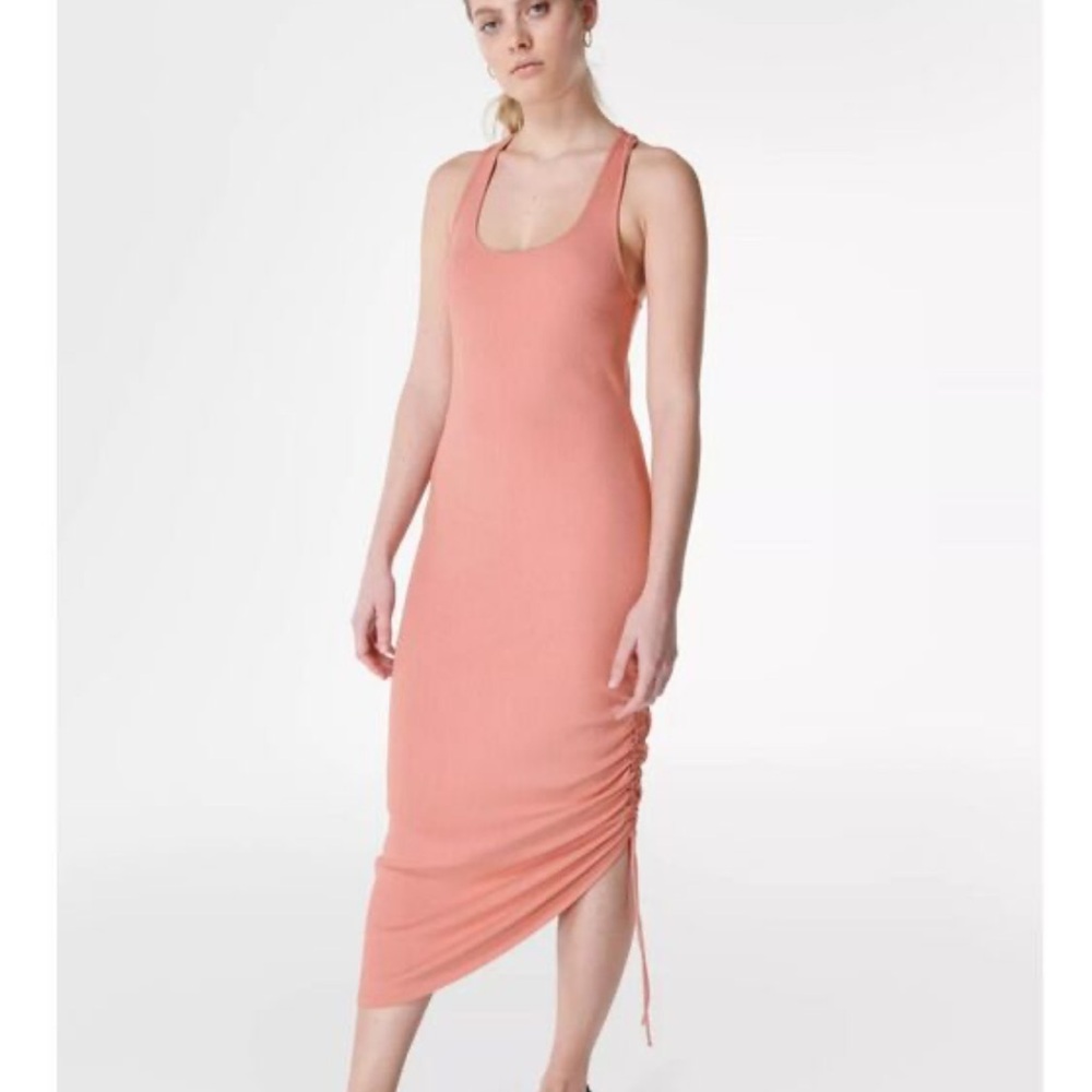 Sweaty Betty Weekend Twist Back Ribbed Midi Dress Medium 8-10 Bloom Pink Ruched